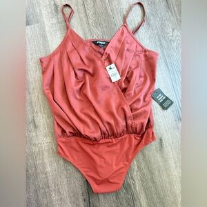NWT Express Sleeveless Bodysuit Top Rust Satin V Neck Cami Blouse Size S